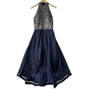 Nicole Miller New York Halter Dress High Low Sequin Navy Party Cocktail